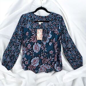 Band of the Free Blouse‎ Woman XS Josie Sapphire Green Floral Print Long Sleeve